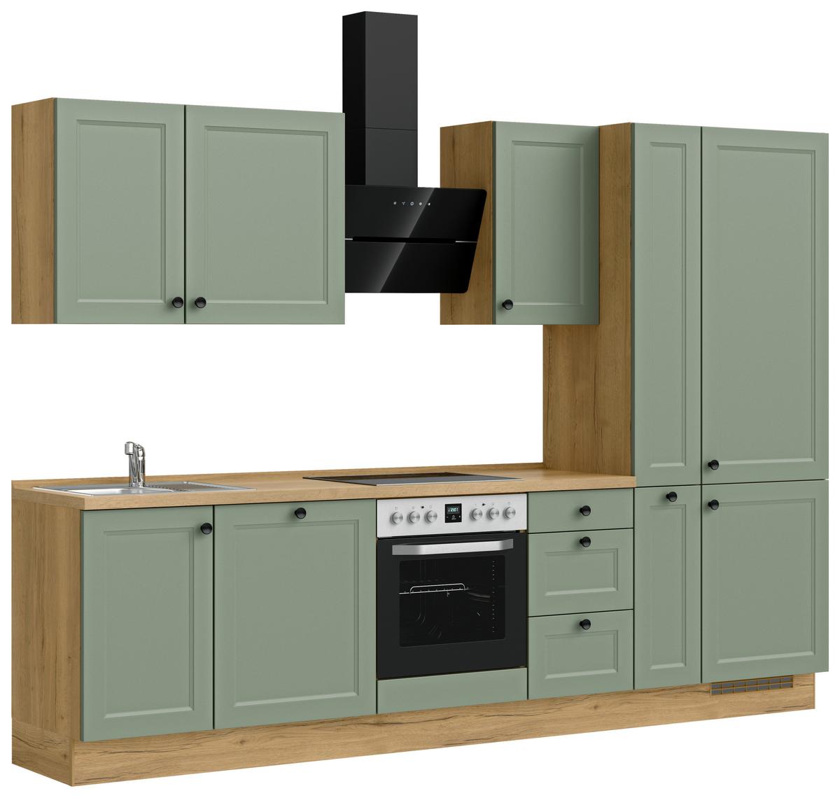 Küchenblock Cascada High m. Geräten Schilfgrün - Schilfgrün/Eichefarben, MODERN, Holzwerkstoff/Metall (300cm) - Nobilia