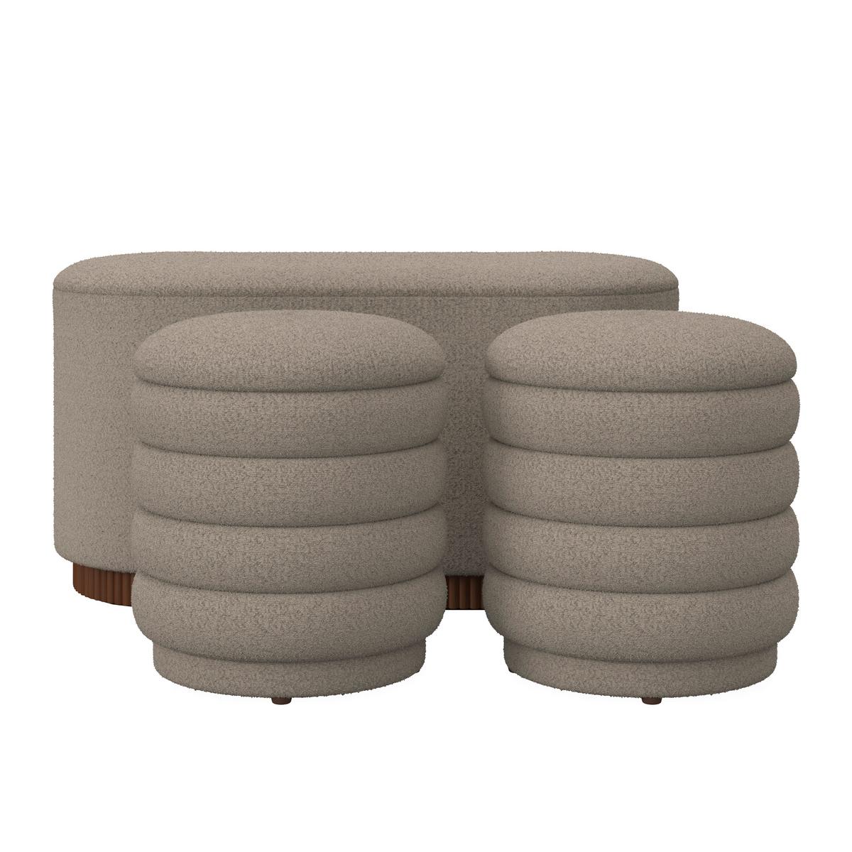 Sitzbank Nina mit Stauraum inkl. 2 Hocker Bouclé Beige - Beige/Naturfarben, MODERN, Holz/Holzwerkstoff - Bessagi Home