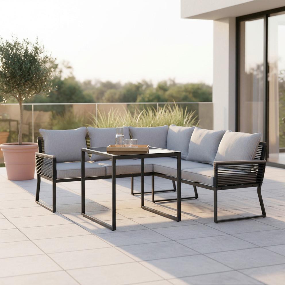 Dining-Loungeset Paulina Grau Metall/Outdoorstoff - Hellgrau/Schwarz, MODERN, Glas/Kunststoff (181/73/65cm) - Bessagi Garden