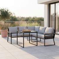 Dining-Loungeset Paulina Grau Metall/Outdoorstoff - Hellgrau/Schwarz, MODERN, Glas/Kunststoff (181/73/65cm) - Bessagi Garden