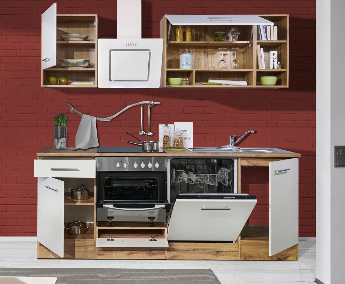 Küchenzeile Economy o. Geräte Weiß/Wildeiche  B: ca. 220 cm - Wildeiche/Silberfarben, Basics, Holzwerkstoff/Metall (220/205/60cm) - Respekta