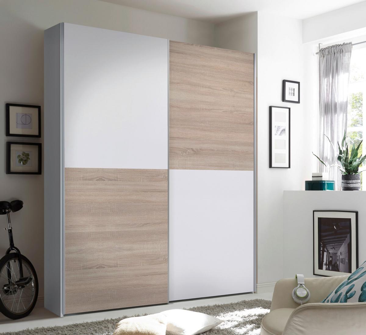 Omara Z Drsnimi Vrati Time, Bela, Barva Hrasta - bela/barve aluminija, Design, kovina/leseni material (170/195/57,5cm) - P & B