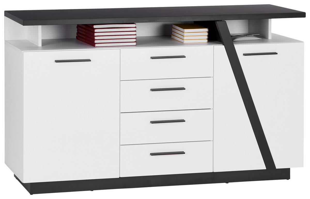 Komoda Maxi, Bela, Temno Siva - Moderno, umetna masa/leseni material (150,2/90/41,9cm) - Premium Living