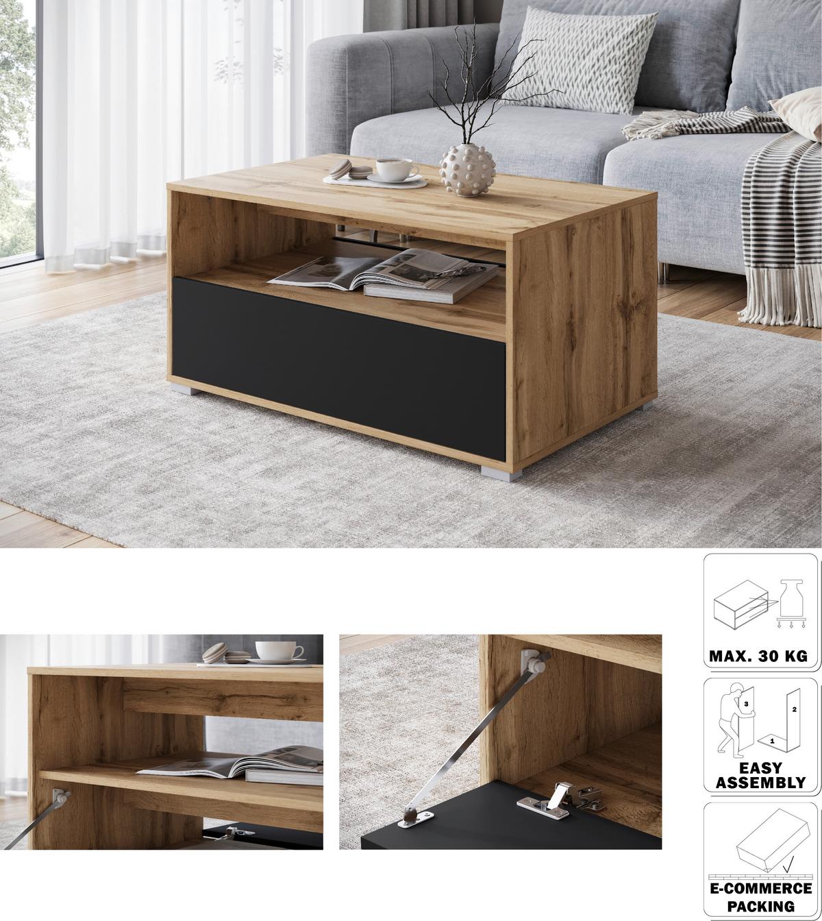 Klubska Miza Nairobi-ii, Barva Hrasta, Črna - hrast wotan/črna, Trend, umetna masa/leseni material (90/45/55cm) - Livetastic