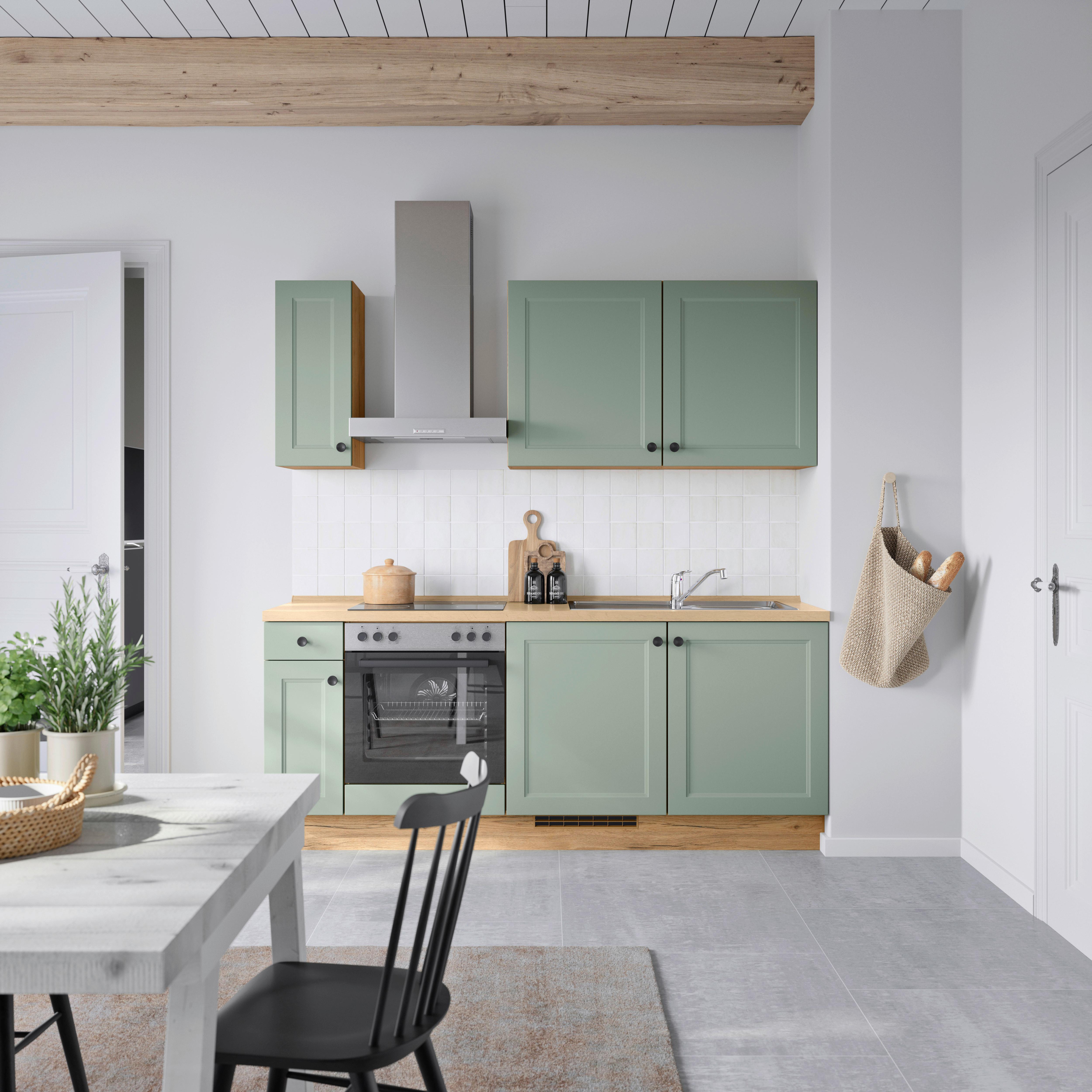 Küchenblock Cascada Low m. Geräten Schilfgrün - Schilfgrün/Eichefarben, MODERN, Holzwerkstoff/Metall (210cm) - Nobilia