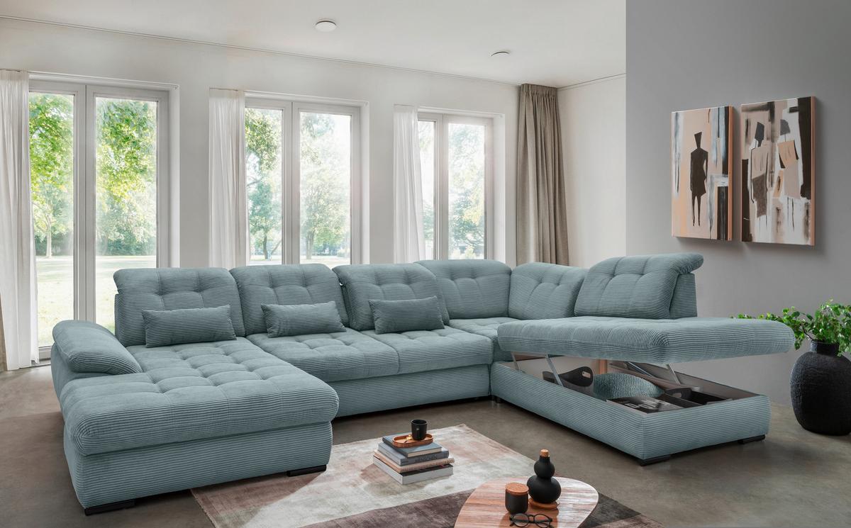 Wohnlandschaft Rigatti Hellblau Cord mit Bettkasten - Schwarz/Hellblau, MODERN, Textil/Metall (184/387/252cm) - Livetastic