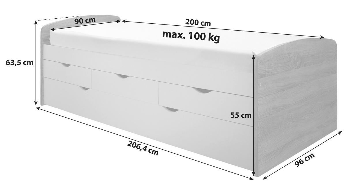 Stauraumbett Nessi ca. 90x200 cm Weiß - Weiß, Basics, Holzwerkstoff (90/200cm) - MID.YOU