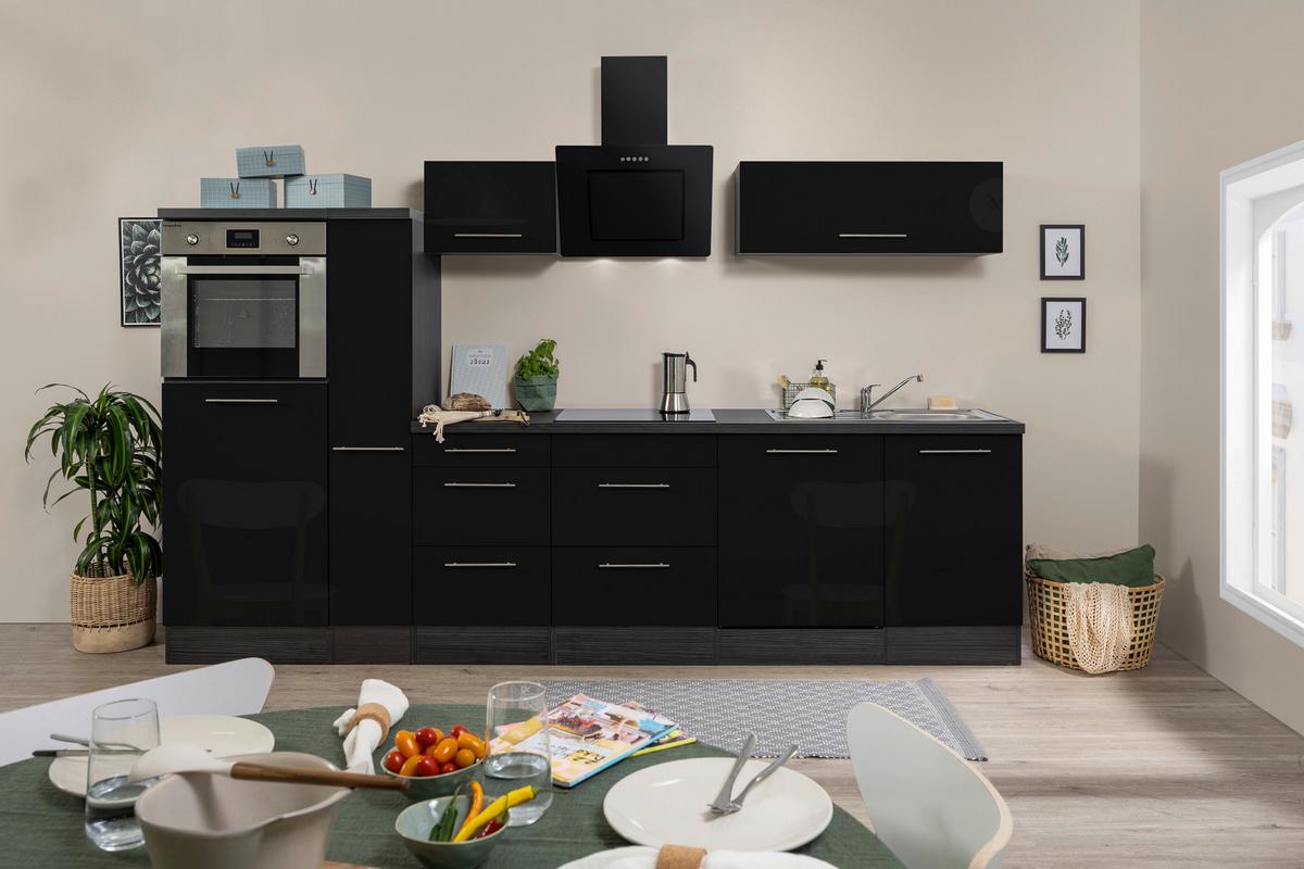 Küchenzeile mit Geräte Schwarz ca. 310 cm Hochglanz/Grau - Edelstahlfarben/Eichefarben, Basics, Holzwerkstoff/Metall (310cm) - Respekta