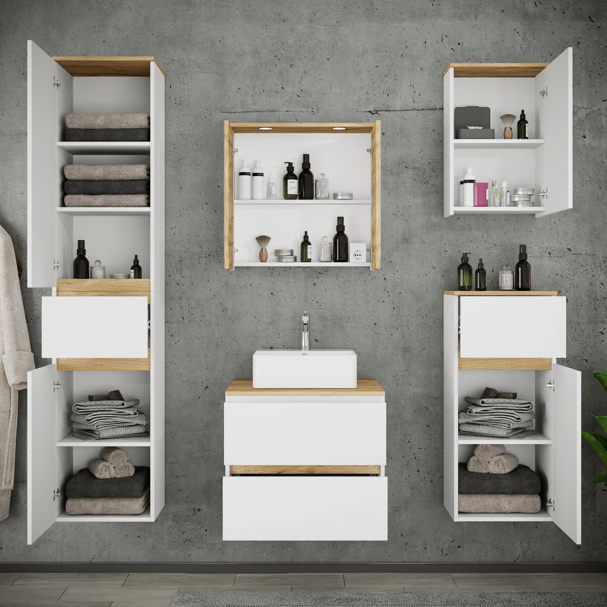 Badezimmer Cosila - Honigeiche/Weiss, Trend, Keramik/Holzwerkstoff (140cm) - MID.YOU