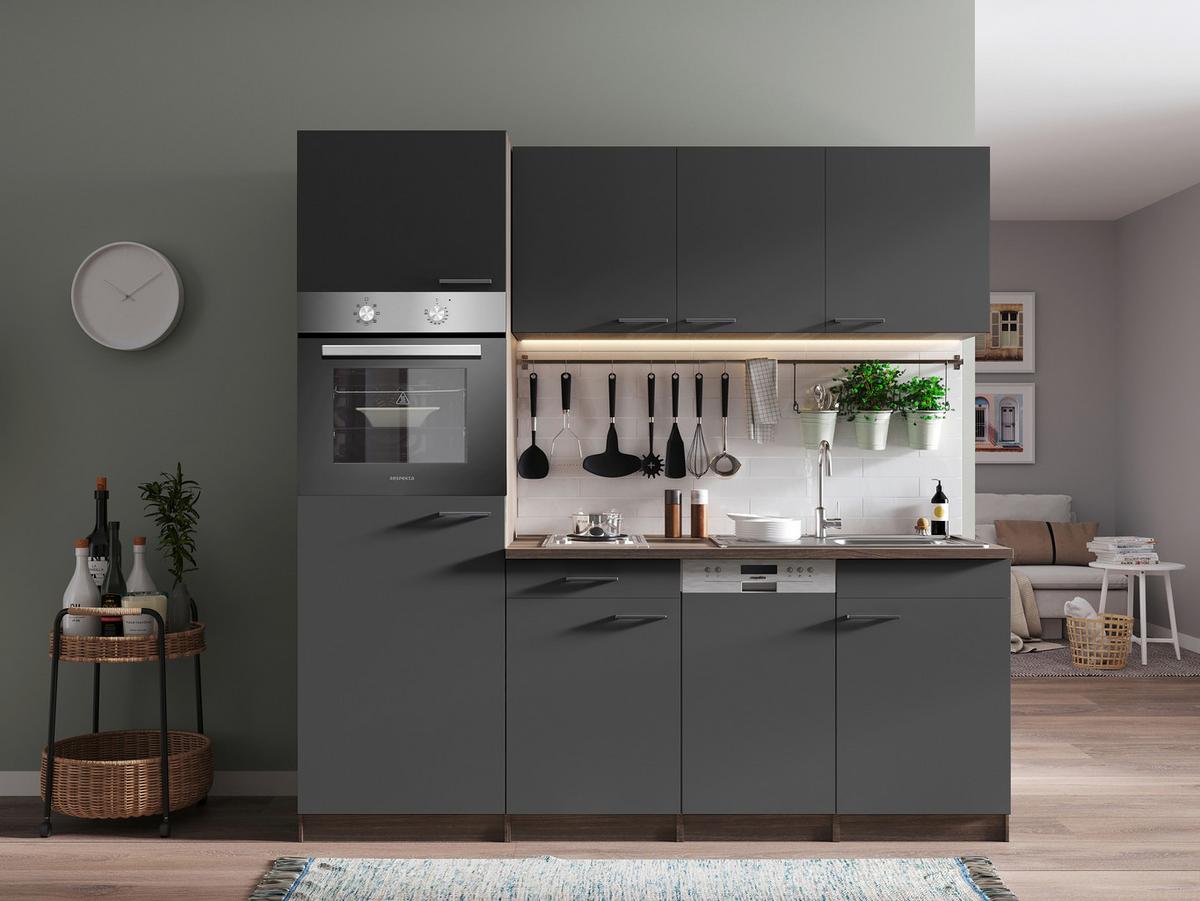 Küchenblock Oliver mit Geräten ca. 205 cm Grau - Eichefarben/Alufarben, Basics, Holzwerkstoff/Kunststoff (205cm) - Respekta