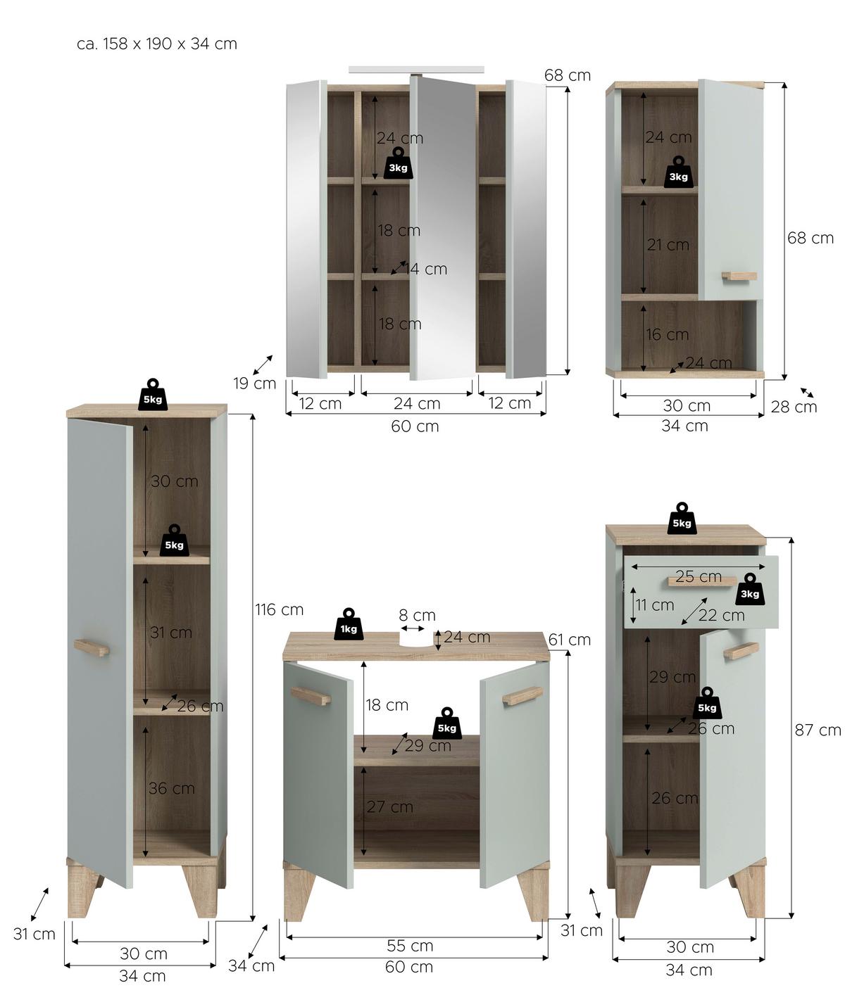Badezimmer Star 6-tlg. ca. 128 cm Eiche/Graugrün - Eichefarben/Hellgrün, MODERN, Holzwerkstoff/Kunststoff (128cm) - MID.YOU