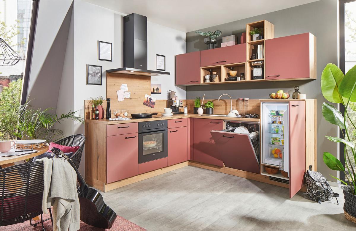 Eckküche Win o. Geräte ca. 245x225cm  Kaminrot - Eichefarben/Rot, MODERN, Holzwerkstoff/Metall (245/225cm) - Express-Kuechen