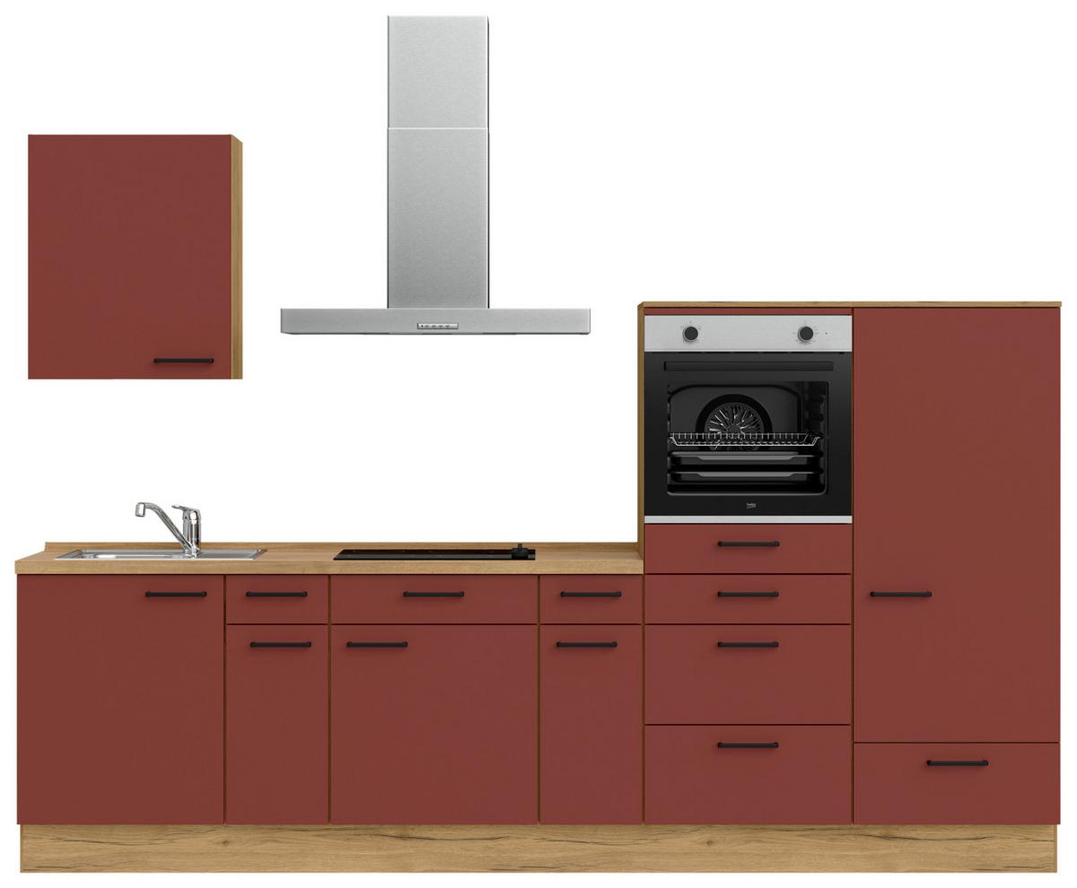 Küchenblock Easytouch Low m. Geräten Dunkelrot - Eichefarben/Schwarz, MODERN, Holzwerkstoff/Metall (300cm) - Nobilia