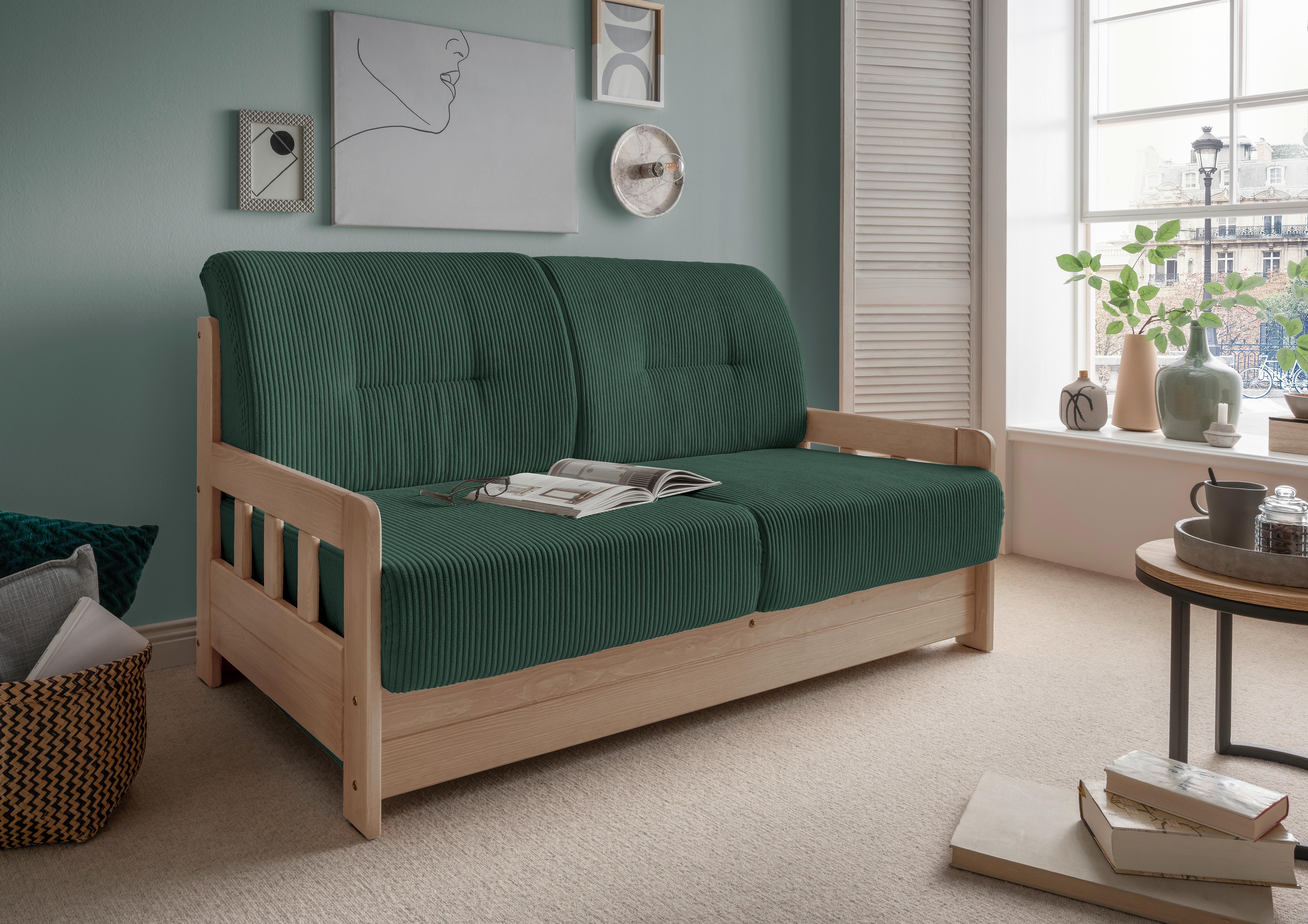 Schlafsofa Camino Holzkorpus Natur/Dunkelgrün - Dunkelgrün/Naturfarben, MODERN, Holz/Textil (154/88/90cm) - Livetastic