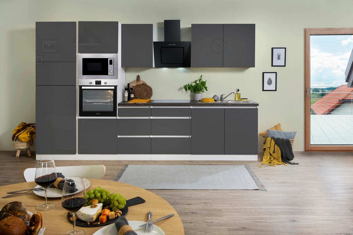 Küchenblock Lorena mit Geräten ca. 335 cm Grau Hochglanz - Grau Hochglanz/Graphitfarben, Basics, Holzwerkstoff (335cm) - Respekta