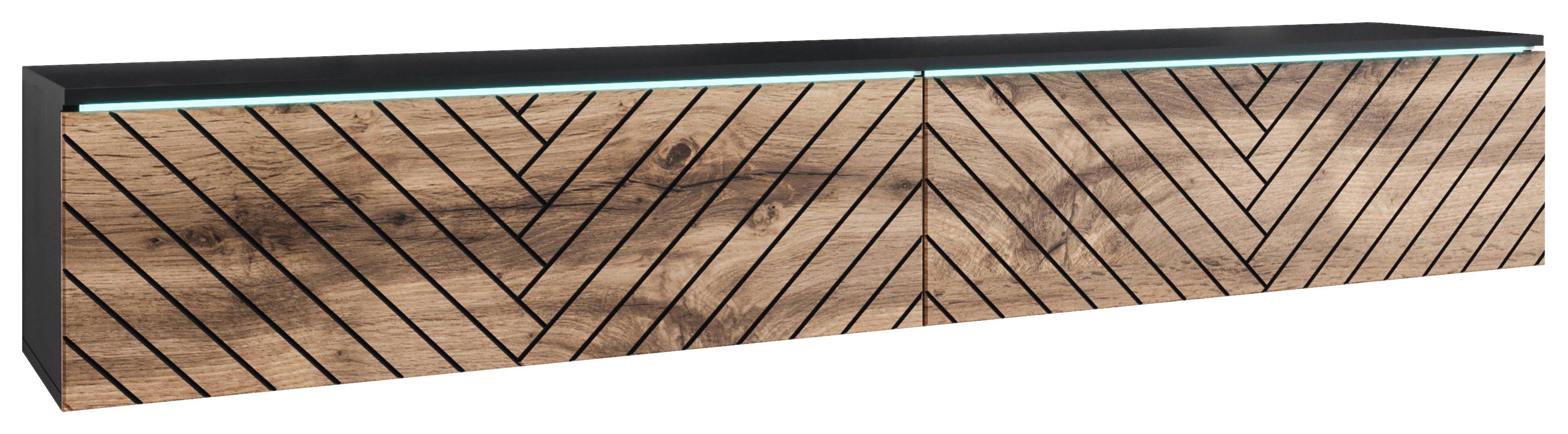 Lowboard ca. 180x30 cm mit LED Fischgräte Eiche Wotan/Schwarz - Eiche Wotan/Schwarz, Basics, Holzwerkstoff/Kunststoff (180/30/33cm) - P & B