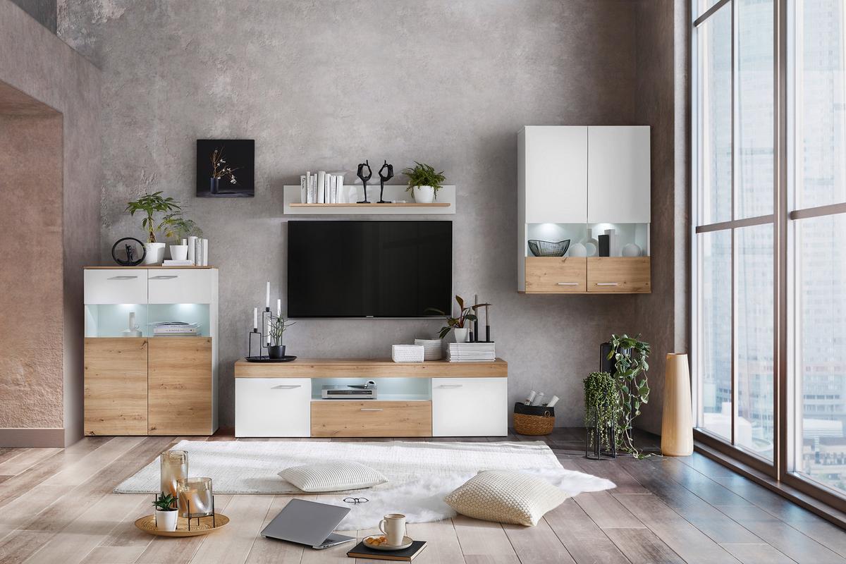 Comodă înaltă VALENCIA - Modern, sticlă/material pe bază de lemn (85/113,4/35cm) - Modern Living
