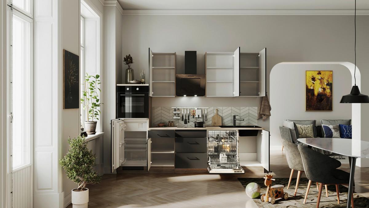 Kuhinjski Blok Z Aparati Capri, Črna, Barva Hrasta - črna/barve hrasta, Basics, kovina/leseni material (280cm) - FlexWell