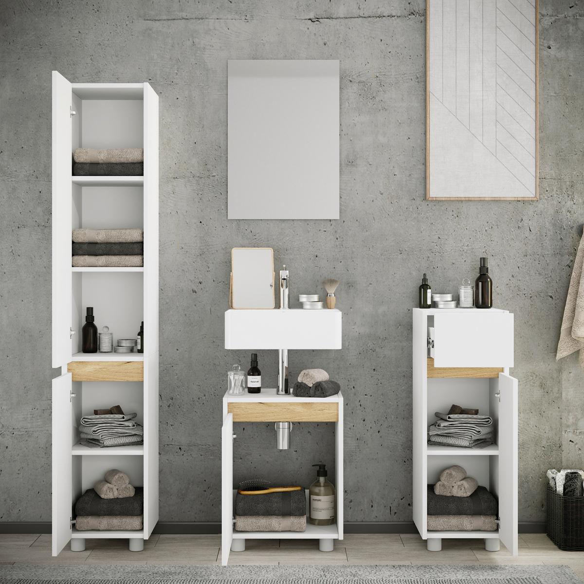 Badezimmer Cosila 4-tlg. Weiß/Honigeiche - Honigeiche/Silberfarben, Trend, Holzwerkstoff/Kunststoff (112cm) - MID.YOU