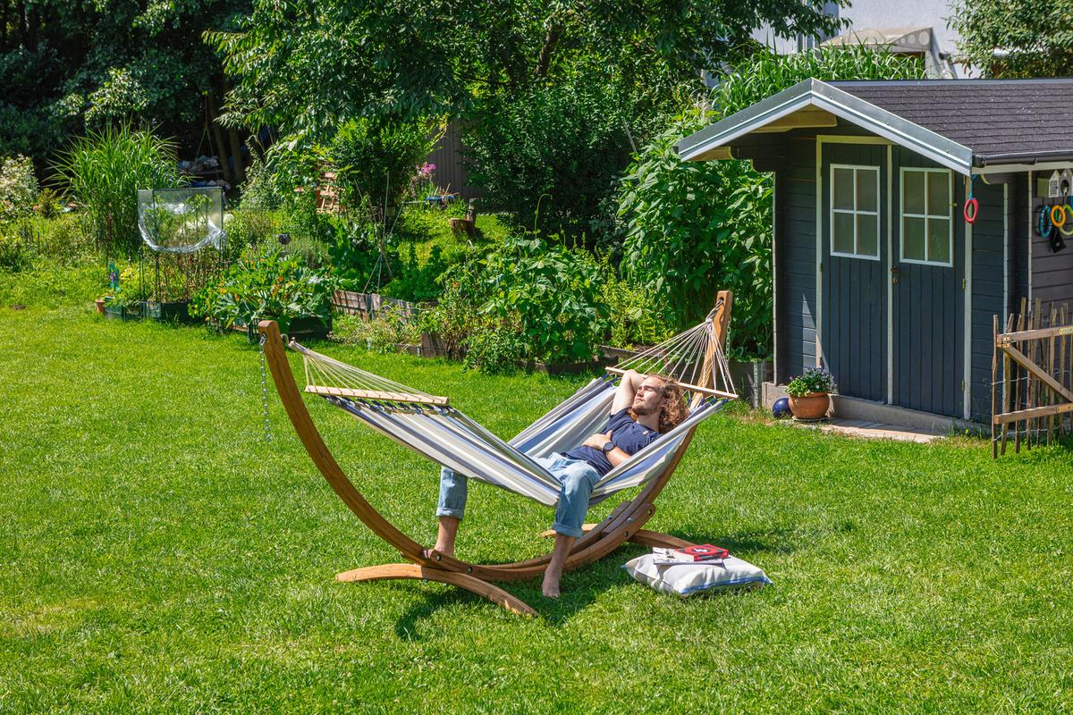 Hängematte Single Bar Hammock Outdoor Weiß/Blau - Weiß/Dunkelblau, KONVENTIONELL, Holz/Textil (140/300cm) - La Siesta