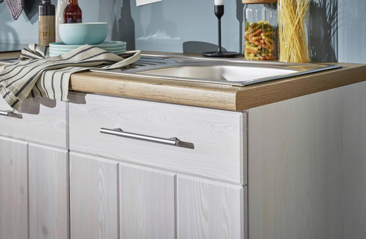 Küchenblock Anton Landhaus ohne Geräte ca. 250 cm Weiß - Edelstahlfarben/Lärchefarben, Basics, Holzwerkstoff/Metall - Respekta