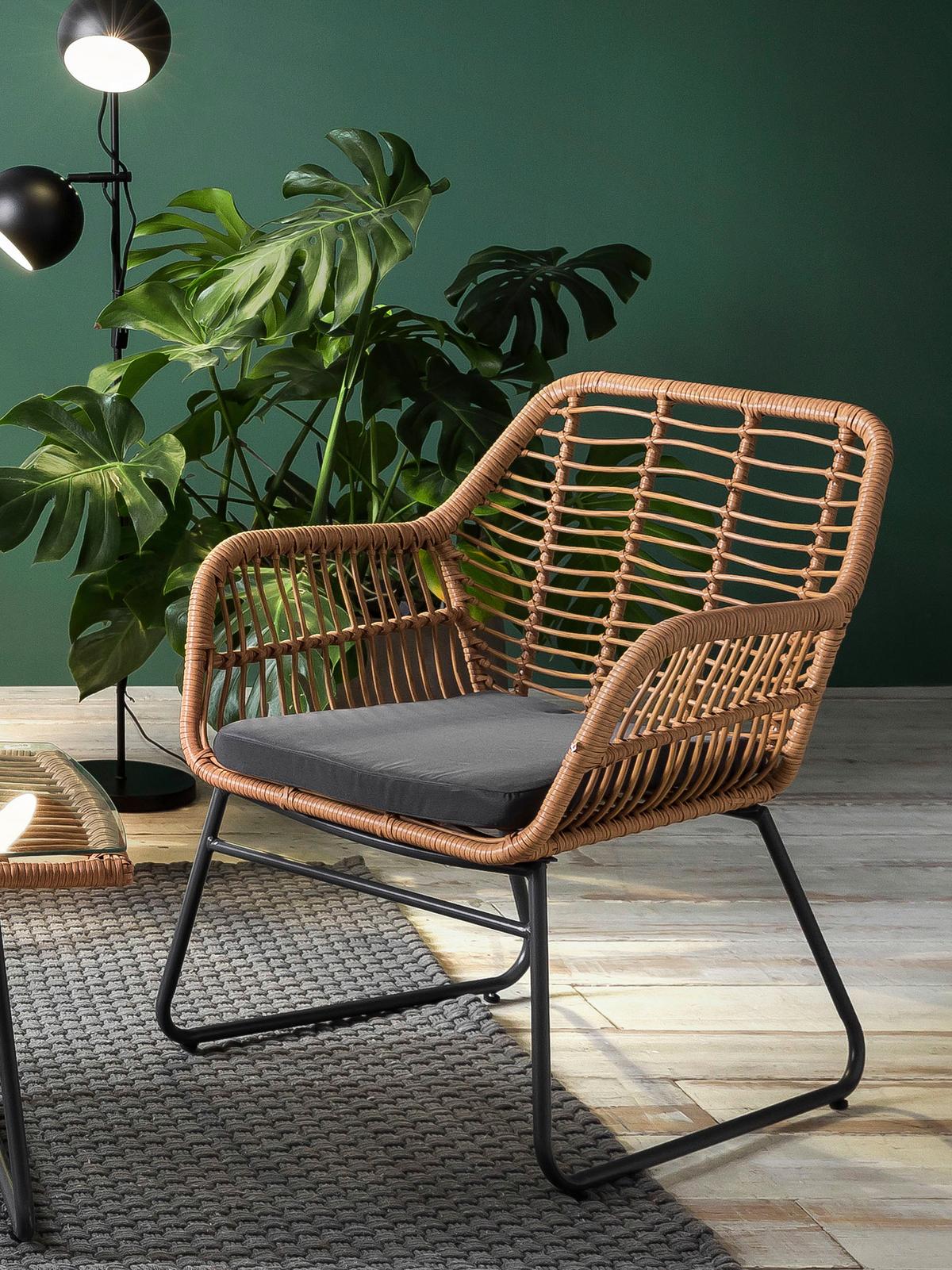 Gartenset 4-tlg. Naturfarben/Grau/Schwarz - Klar/Schwarz, Design, Glas/Kunststoff - Gardenson