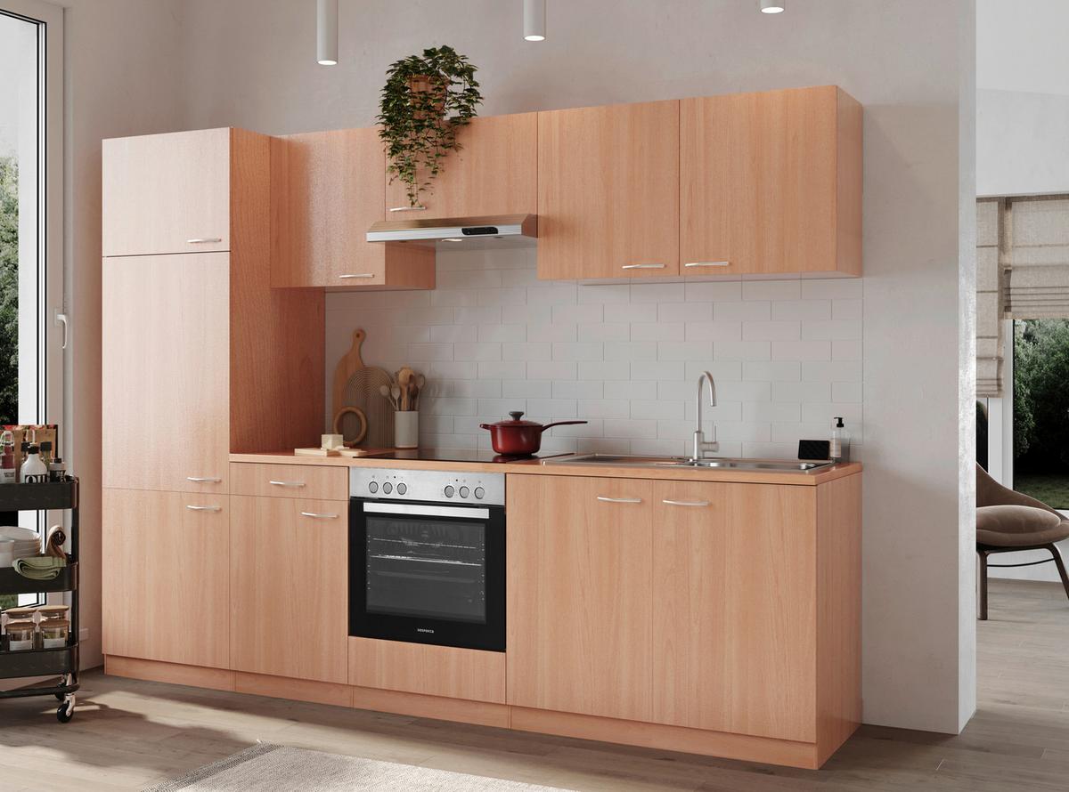 Küchenblock Gerda mit Geräten ca. 270 cm Buchefarben - Buchefarben/Alufarben, Basics, Holzwerkstoff/Kunststoff (270cm) - Respekta