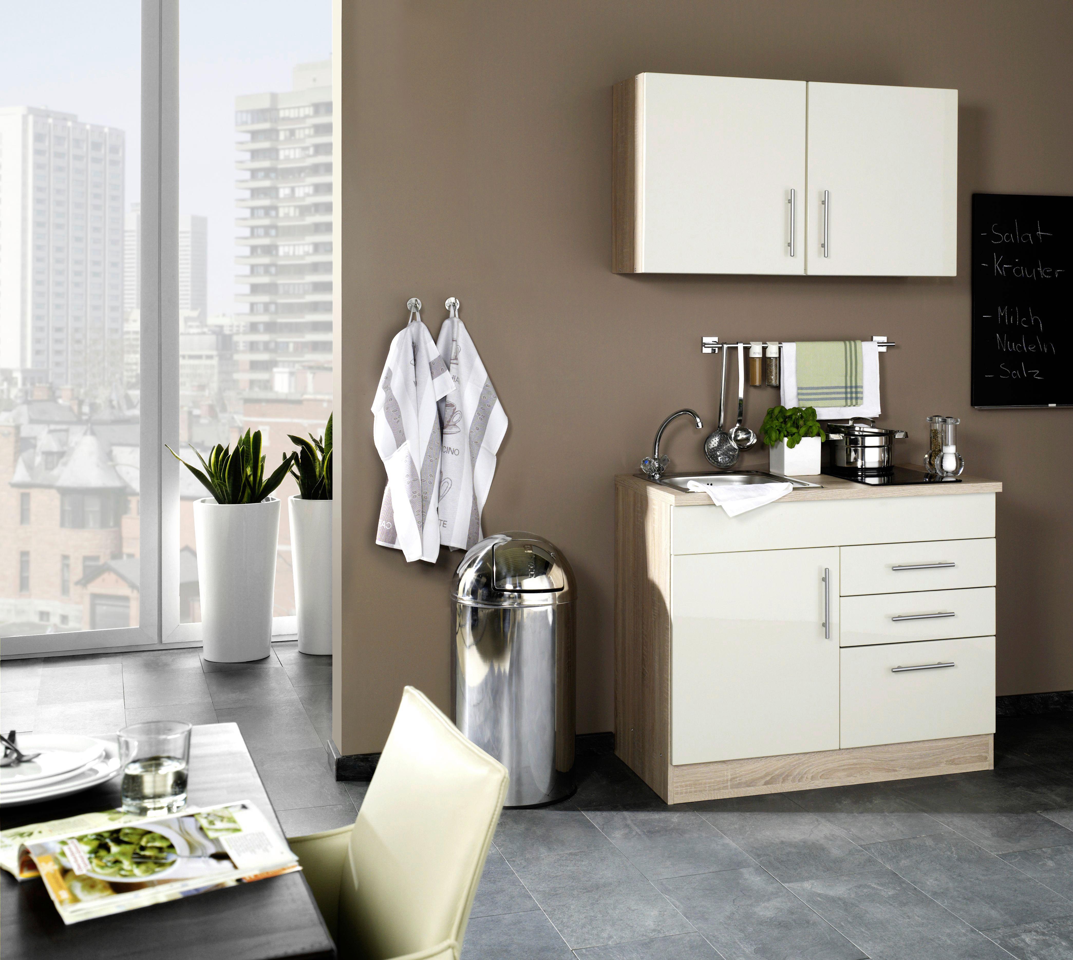 Miniküche Toronto B: ca. 100cm Creme/Eichefarben - Chromfarben/Eichefarben, MODERN, Holzwerkstoff/Metall (100cm) - Held