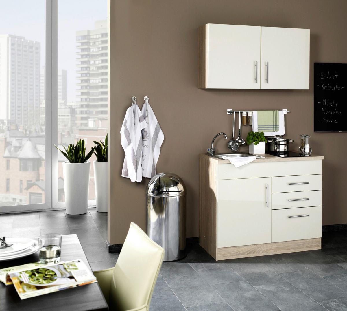 Miniküche Toronto B: ca. 100cm Creme/Eichefarben - Chromfarben/Eichefarben, MODERN, Holzwerkstoff/Metall (100cm) - Held