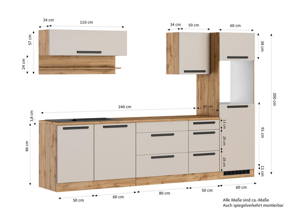 Küchenleerblock Aveiro o. Geräte Kaschmir - Kaschmir/Eiche Wotan, Trend, Holzwerkstoff/Metall (300cm) - Held
