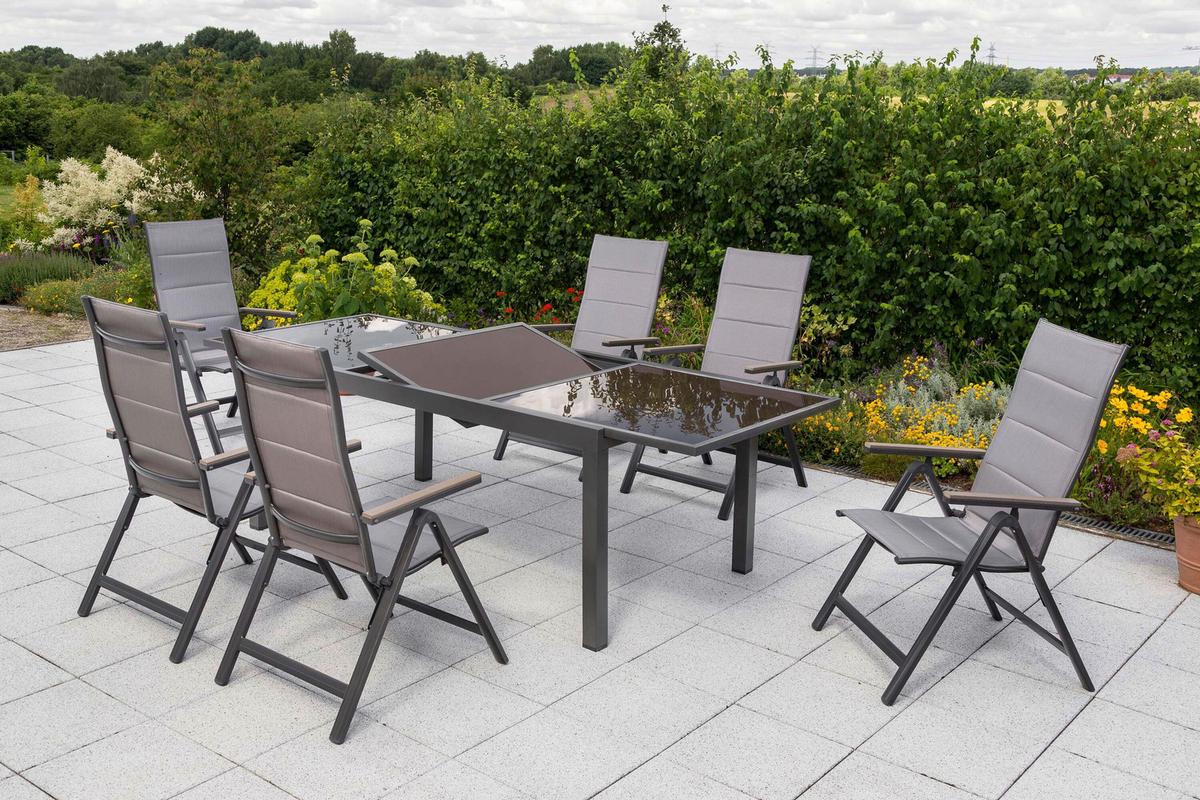 Gartentischgruppe Trivero 7-tlg. Graphitfarben/Braun - Graphitfarben/Braun, KONVENTIONELL, Glas/Kunststoff - Gardenson