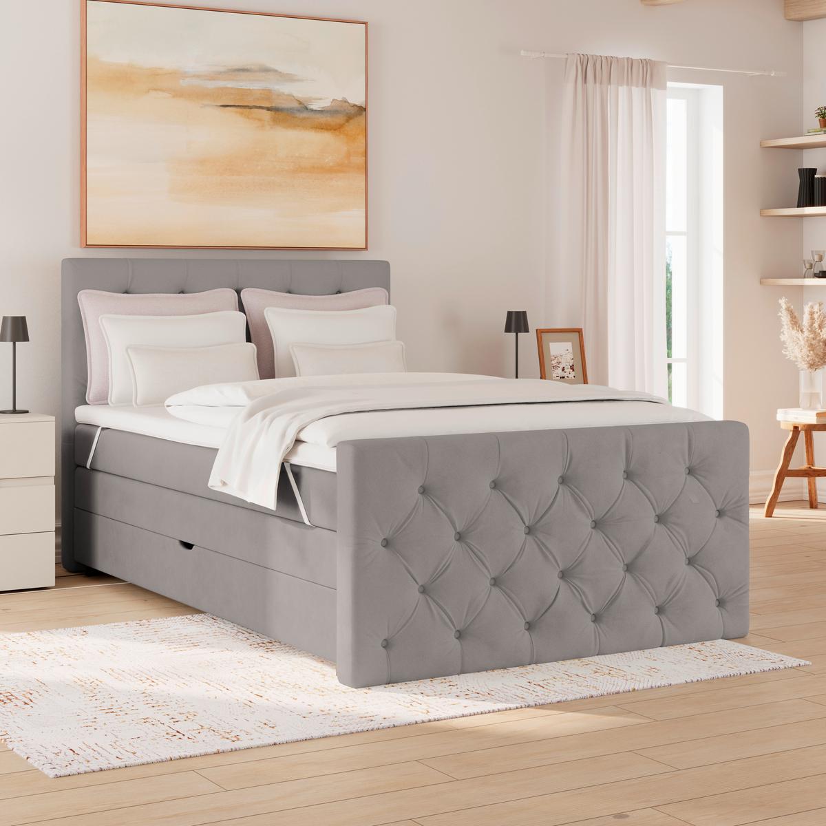 Boxspring Krevet Elio - srebrne boje/bež, Romantično / ladanjski, tekstil/plastika (140/200cm) - Modern Living