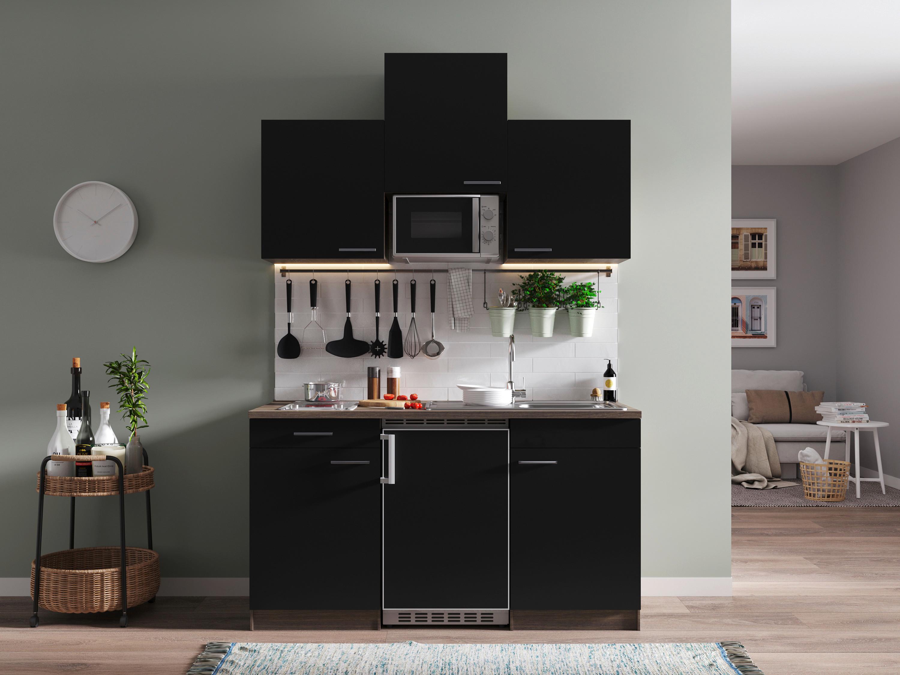 Miniküche Oliver mit Geräten ca. 150 cm Schwarz - Eichefarben/Schwarz, Basics, Holzwerkstoff/Kunststoff (150cm) - Respekta