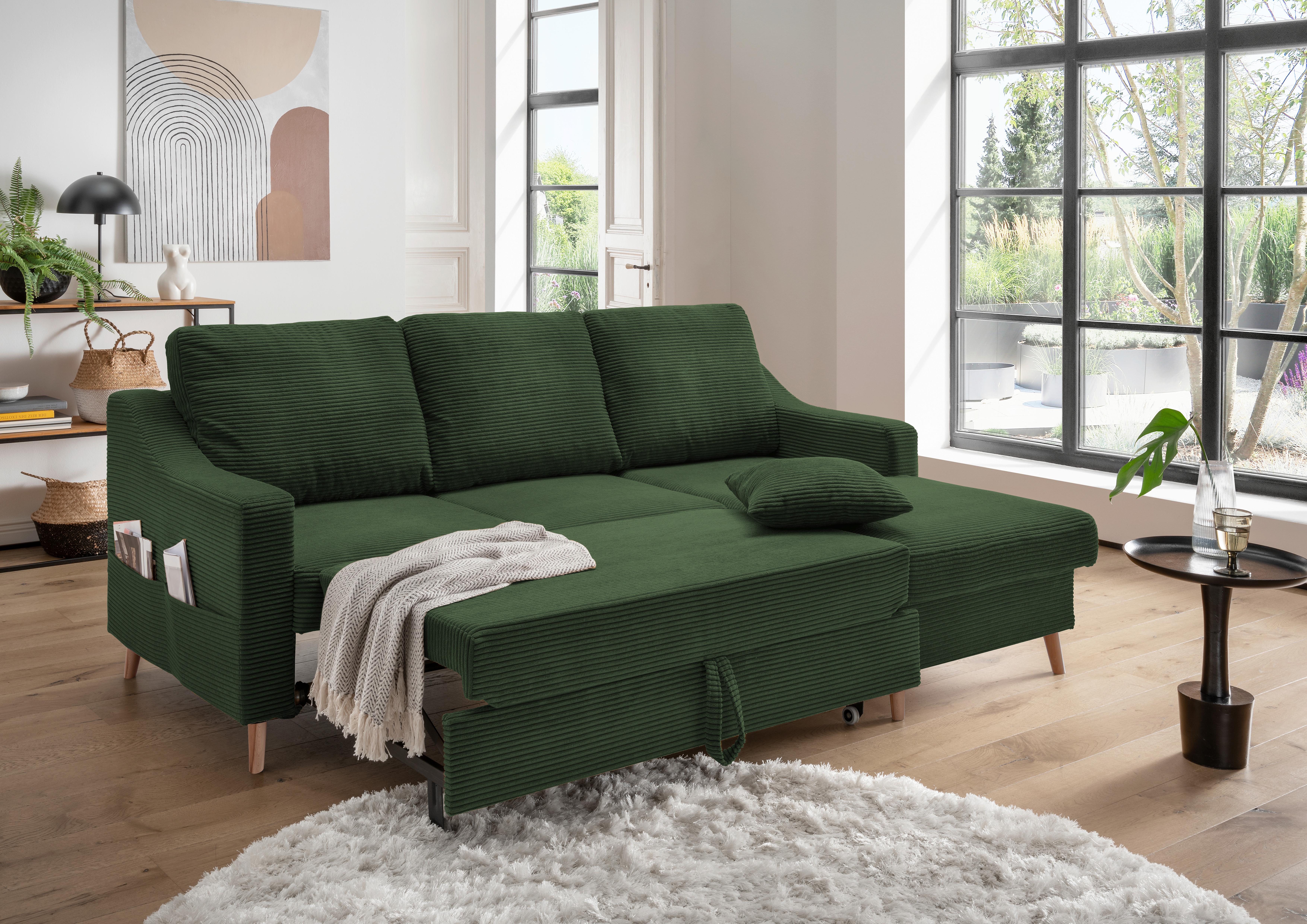 Ecksofa Valentina Cord ca. 228x150 cm Dunkelgrün - Dunkelgrün/Naturfarben, Design, Holz/Textil (228/150cm) - P & B
