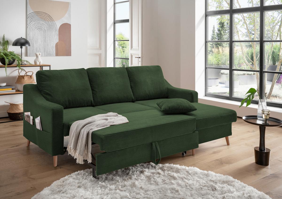 Ecksofa Valentina Cord ca. 228x150 cm Dunkelgrün - Dunkelgrün/Naturfarben, Design, Holz/Textil (228/150cm) - P & B