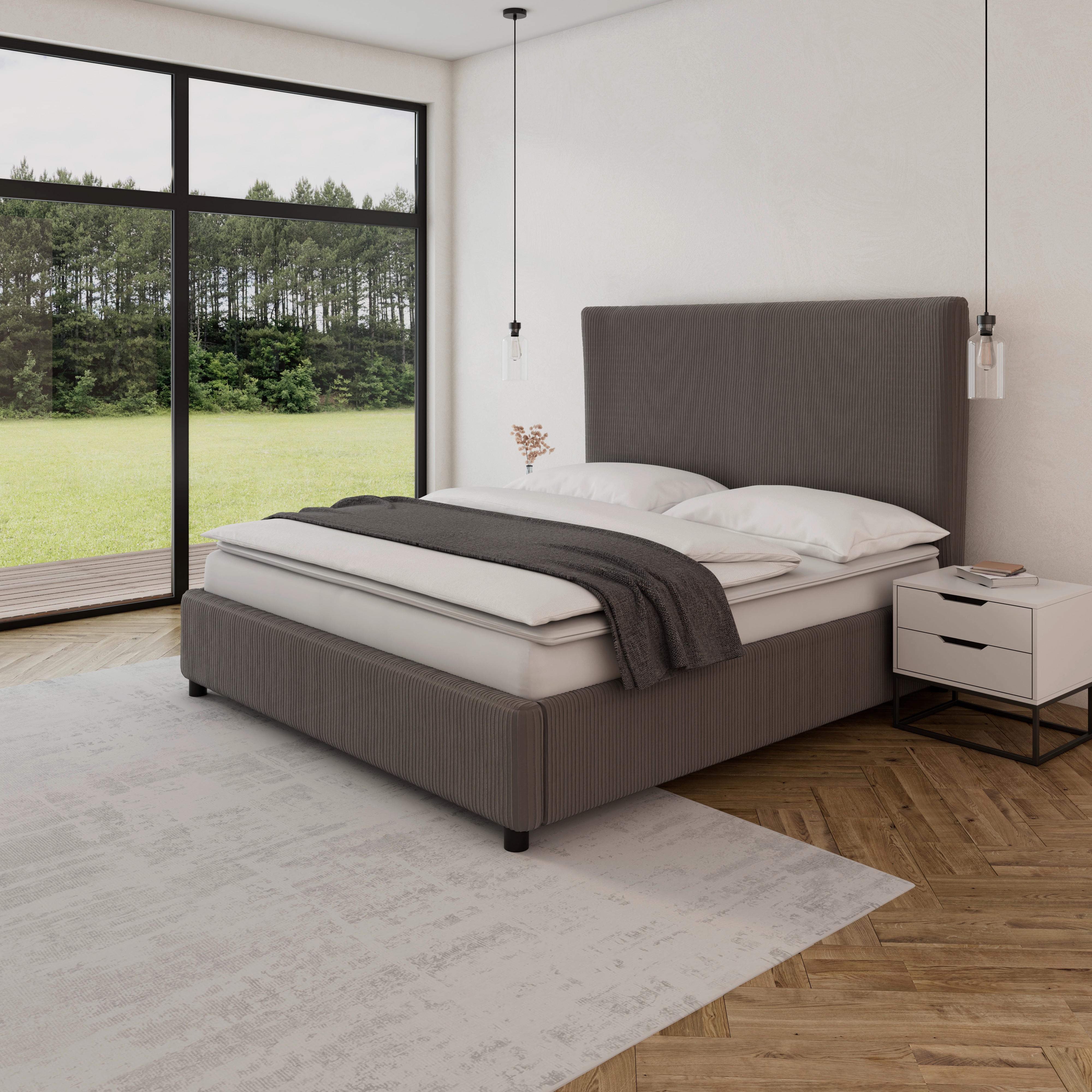 Oblazinjena Postelja Marie - svetlo rjava/siva, Moderno, tekstil/les (180/200cm) - Bessagi Home