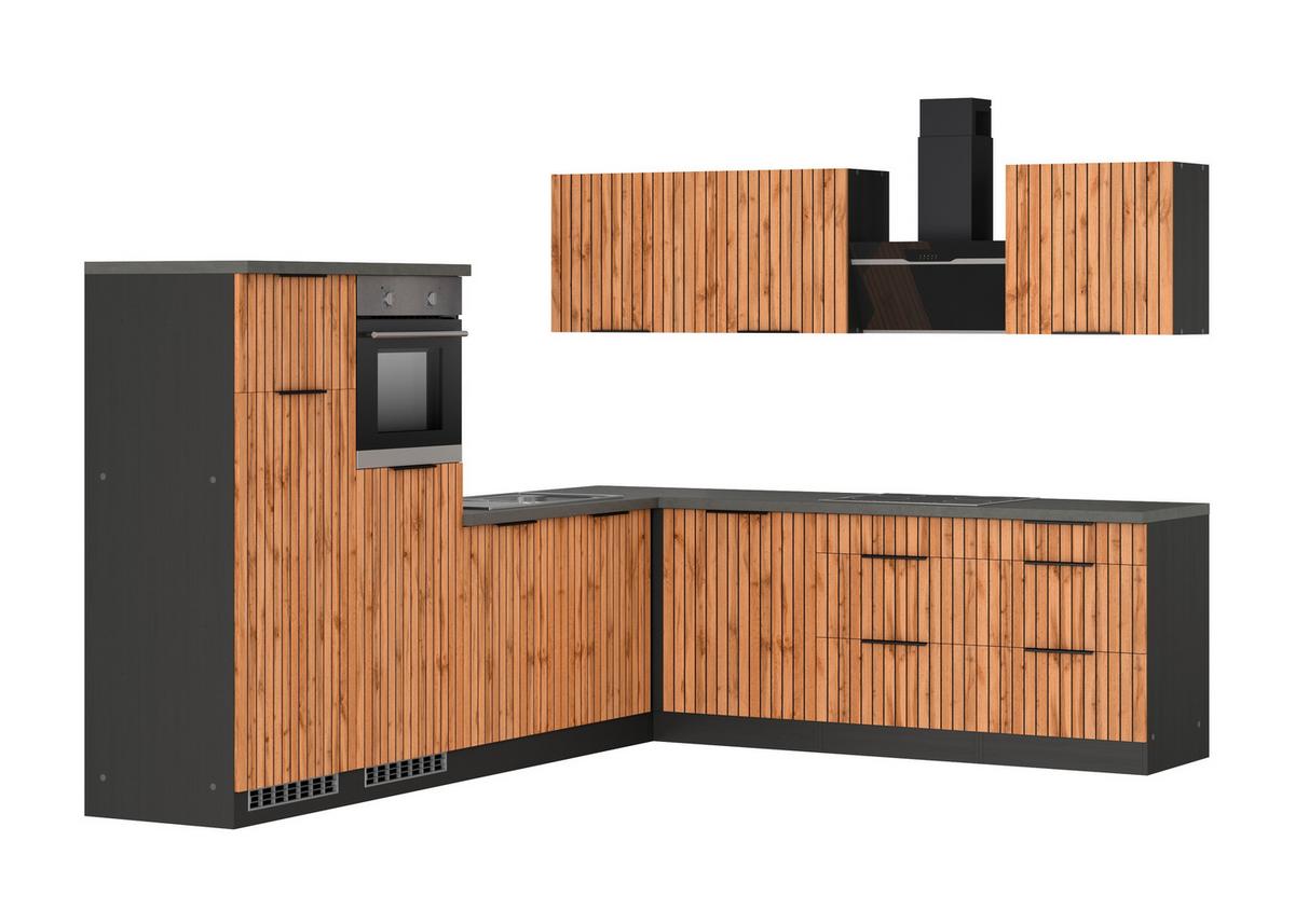 Eckküche Liverpool m. Geräte ca. 300x240cm Eiche - Schieferfarben/Eiche Wotan, Basics, Holzwerkstoff/Metall (300/240cm) - Held