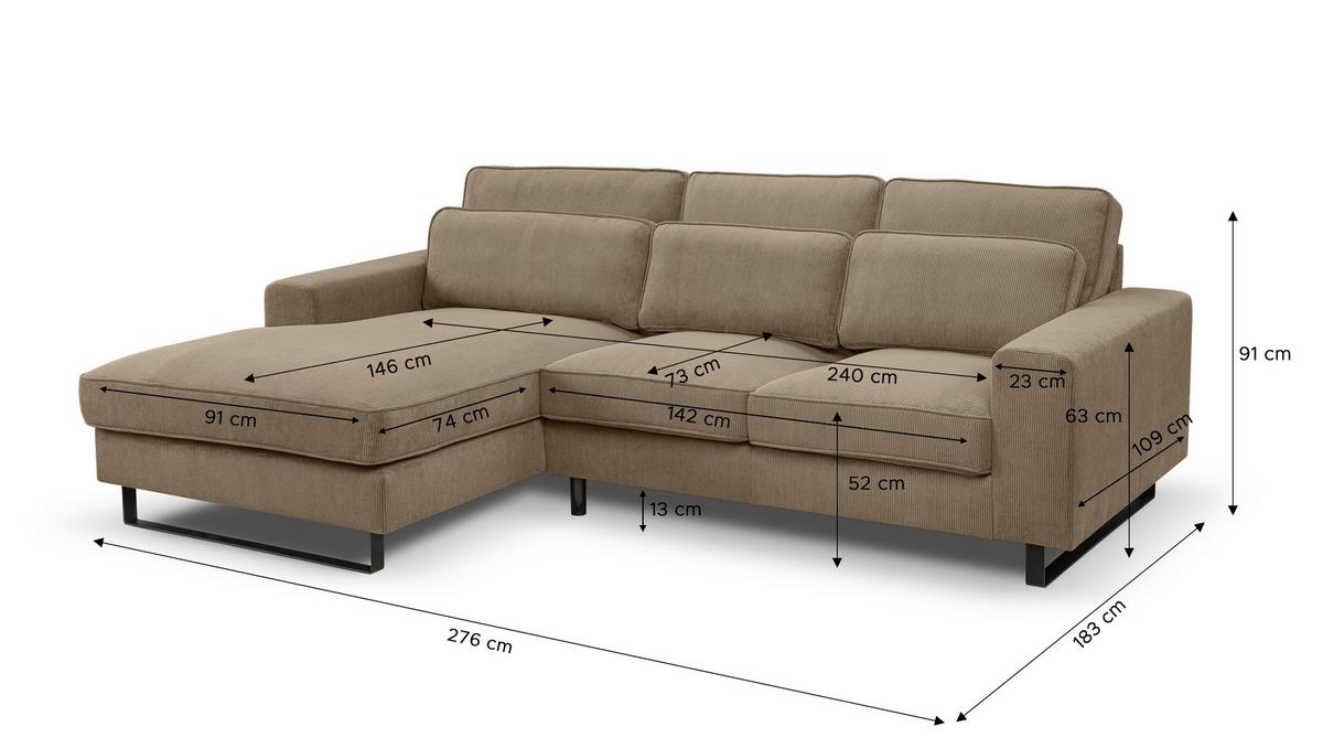 Ecksofa Bolivia Braunbeige Cord - Beige/Beigebraun, Basics, Holzwerkstoff/Textil (276/183cm) - MID.YOU