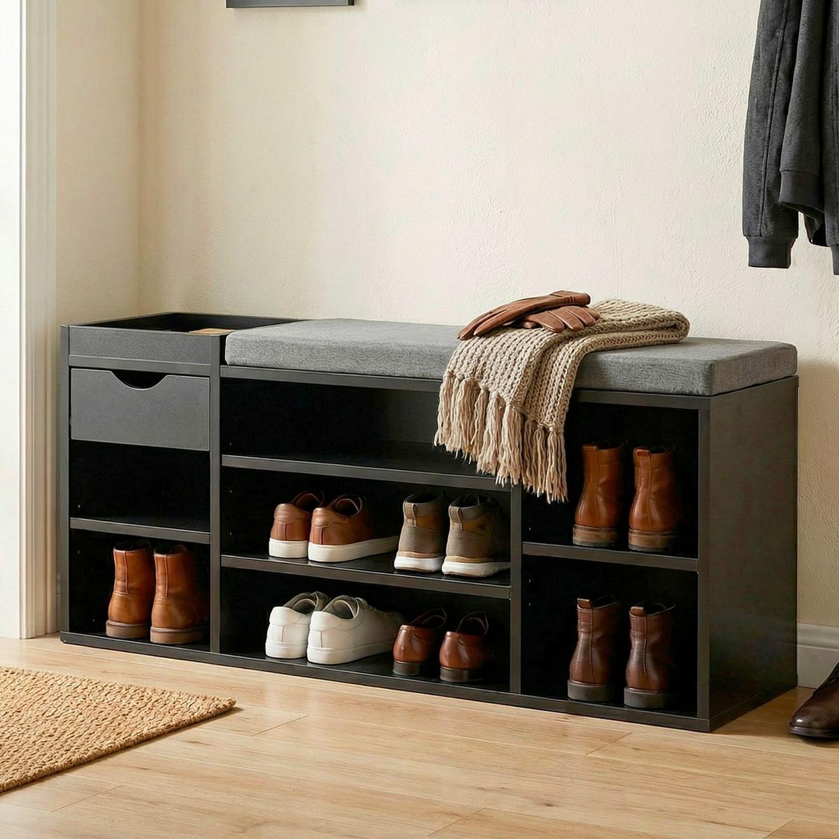 Bancă Depozitare Pantofi Wl7.769 - negru, Design, textil/material pe bază de lemn (100/45/30cm) - Livetastic