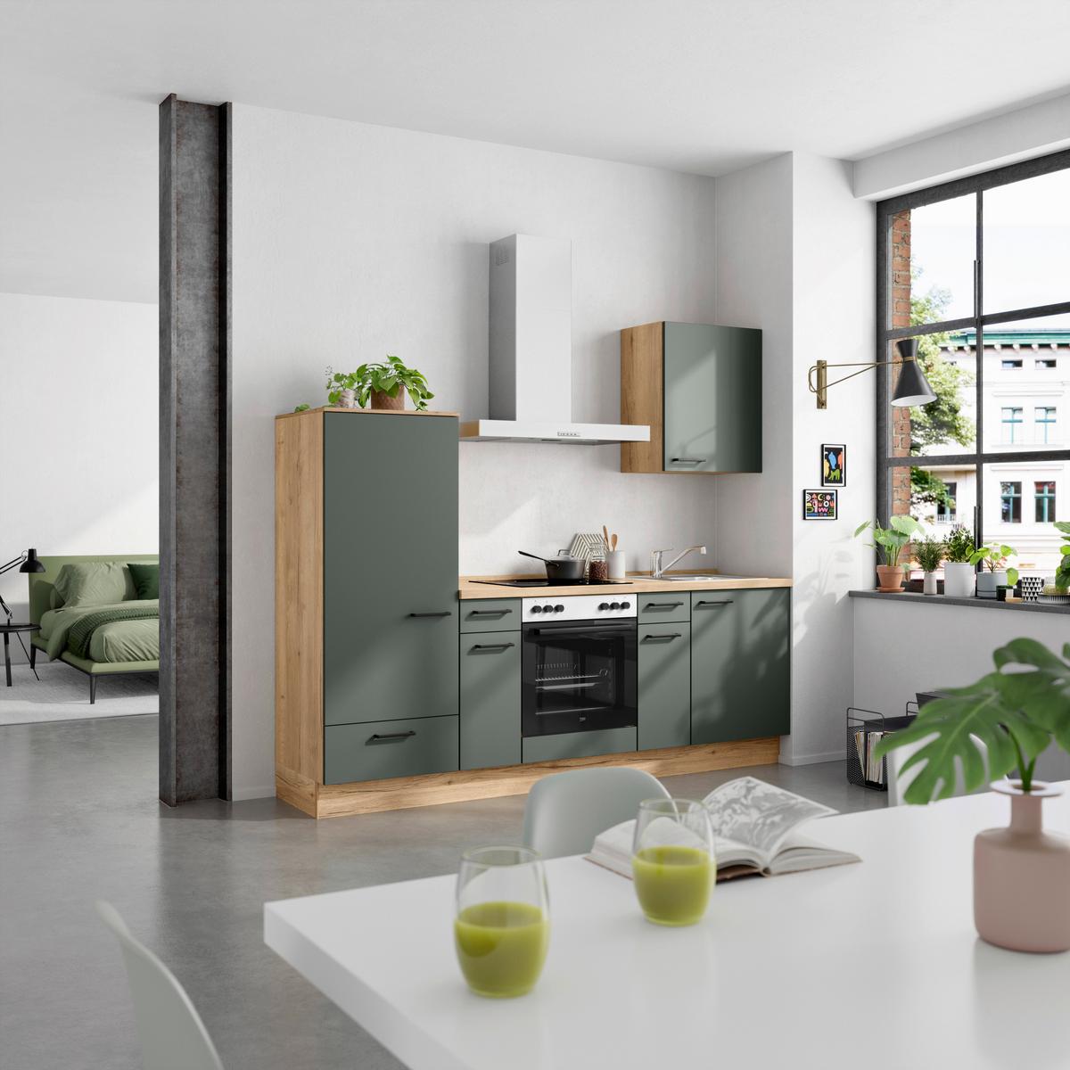 Küchenblock Easytouch Low m. Geräten Dunkelgrün - Dunkelgrün/Eichefarben, MODERN, Holzwerkstoff/Metall (240cm) - Nobilia