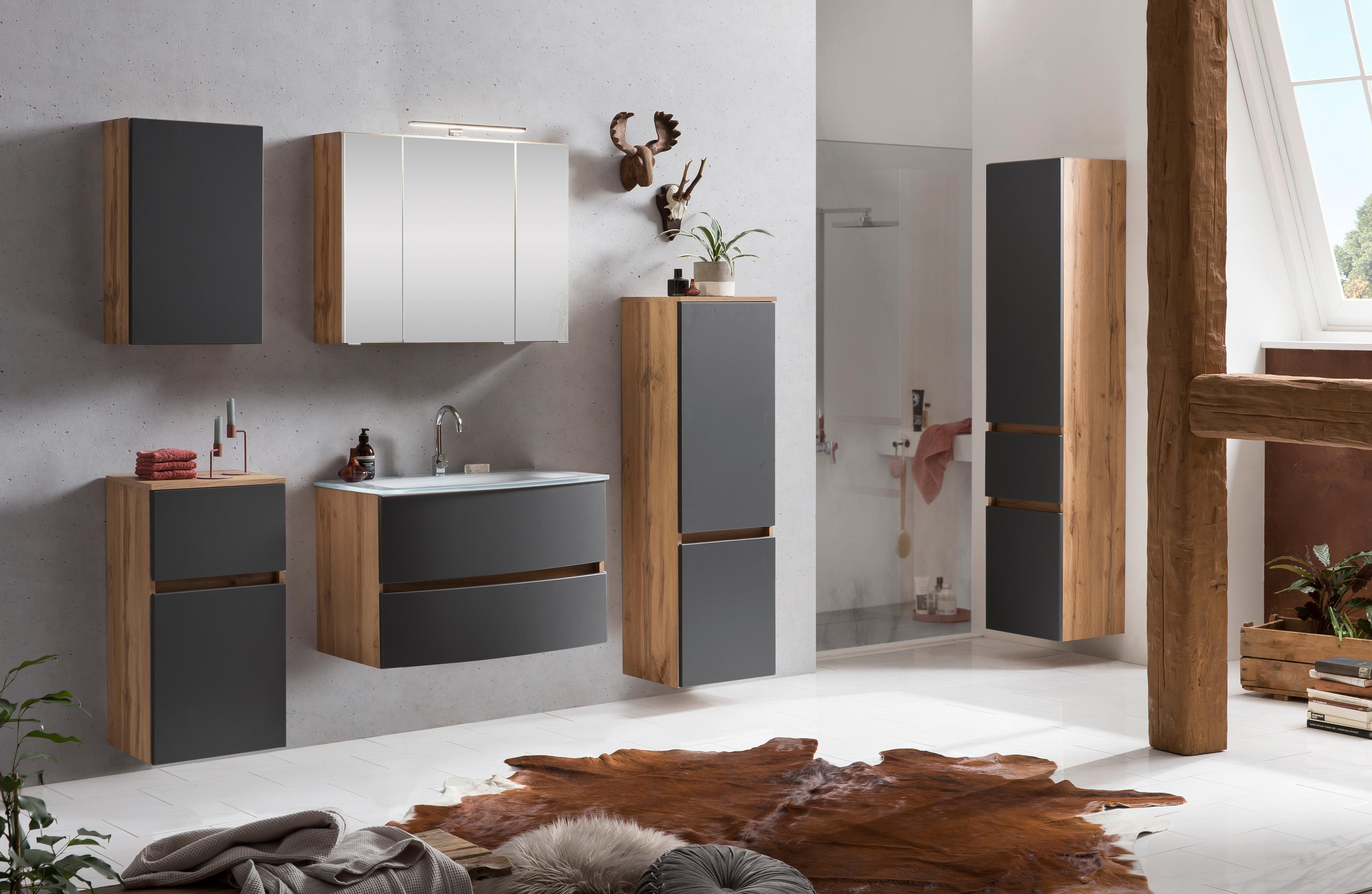 Spiegelschrank Kopenhagen mit LED 3-türig ca. 80x64 cm Eiche - Chromfarben/Eichefarben, KONVENTIONELL, Glas/Holzwerkstoff (80/64/20cm) - Held