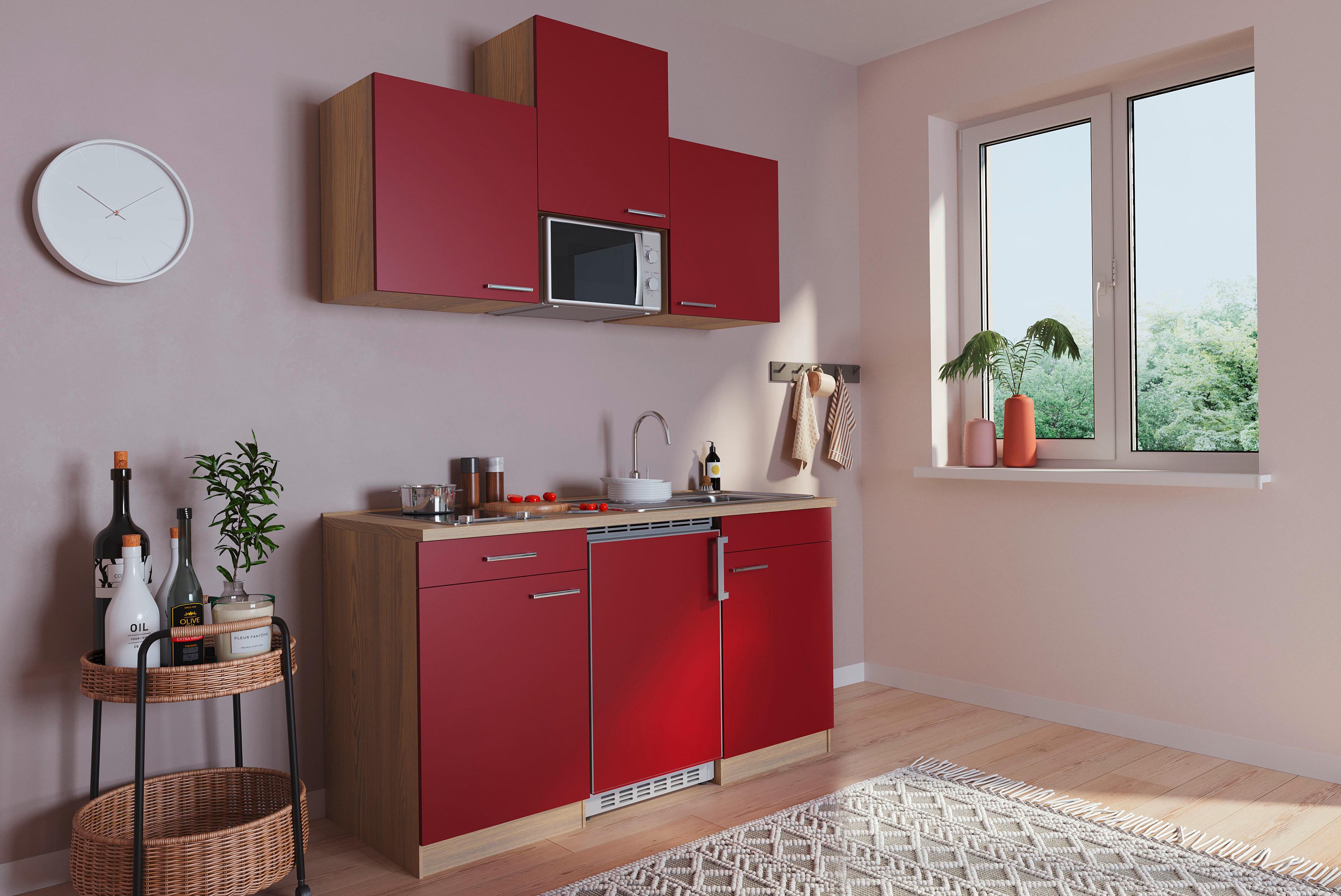 Miniküche Economy m. Geräten B: ca. 150cm Rot/Eichefarben - Rot, Basics, Holzwerkstoff (150cm) - Respekta