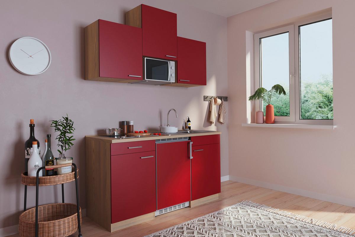 Miniküche Economy m. Geräten B: ca. 150cm Rot/Eichefarben - Rot, Basics, Holzwerkstoff (150cm) - Respekta
