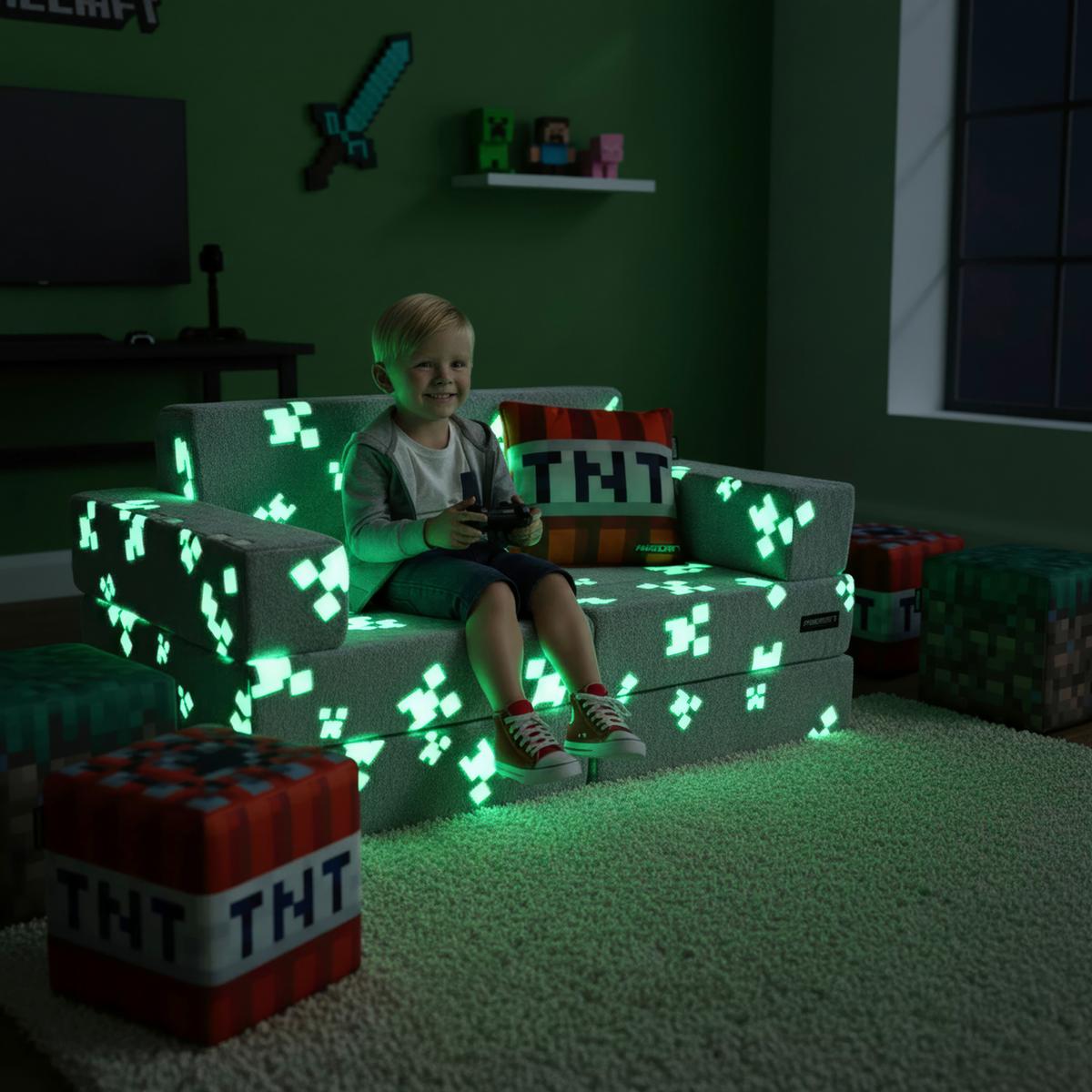SOFA DZIECIĘCA/MŁODZIEŻOWA MINECRAFT - czerwony/szary, Trend, tkanina (120/60/60cm) - Minecraft