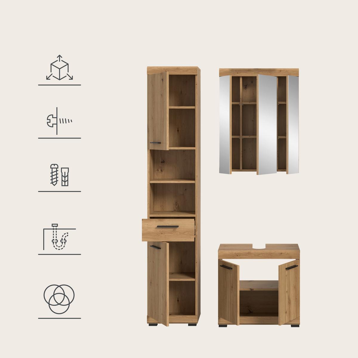 Badezimmer Scout Eiche Artisan 3-teilig - Schwarz/Eiche Artisan, Trend, Glas/Holzwerkstoff (97cm) - MID.YOU