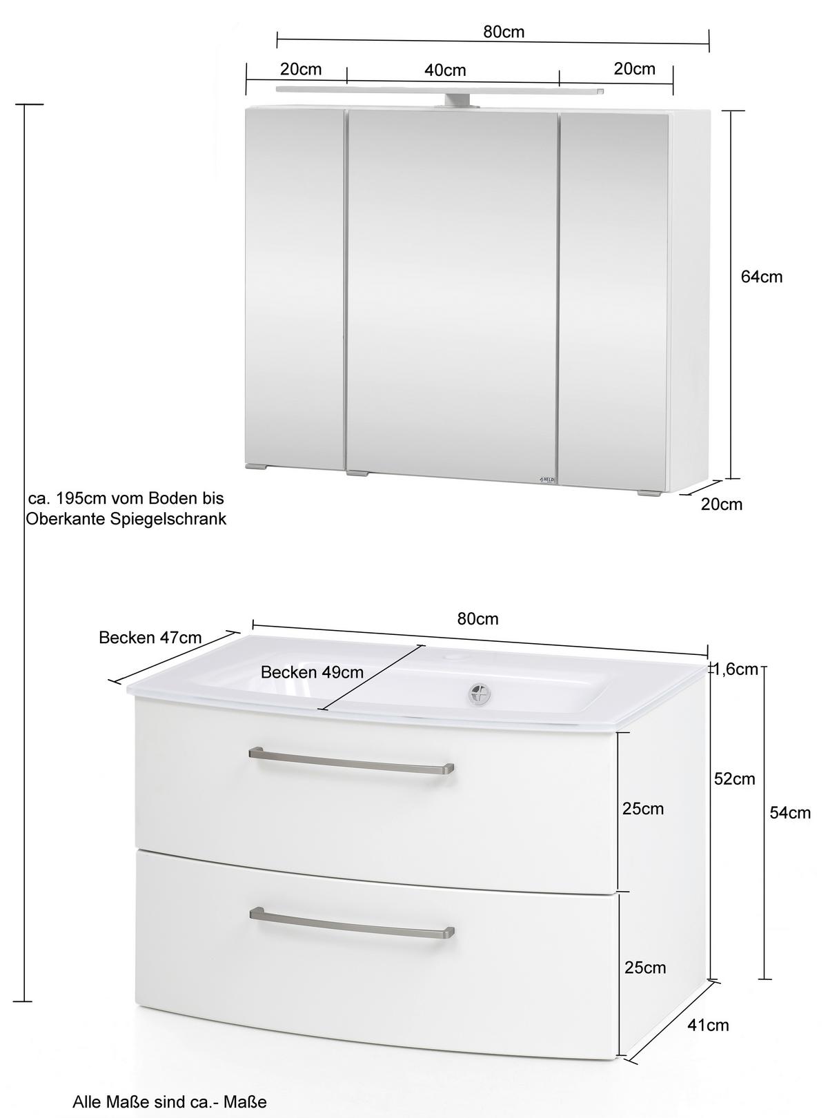 Badmöbel-Set 3-tlg inkl. LED Stockholm 80cm Weiß - Dunkelgrau/Weiß, KONVENTIONELL, Holzwerkstoff (80cm) - Held