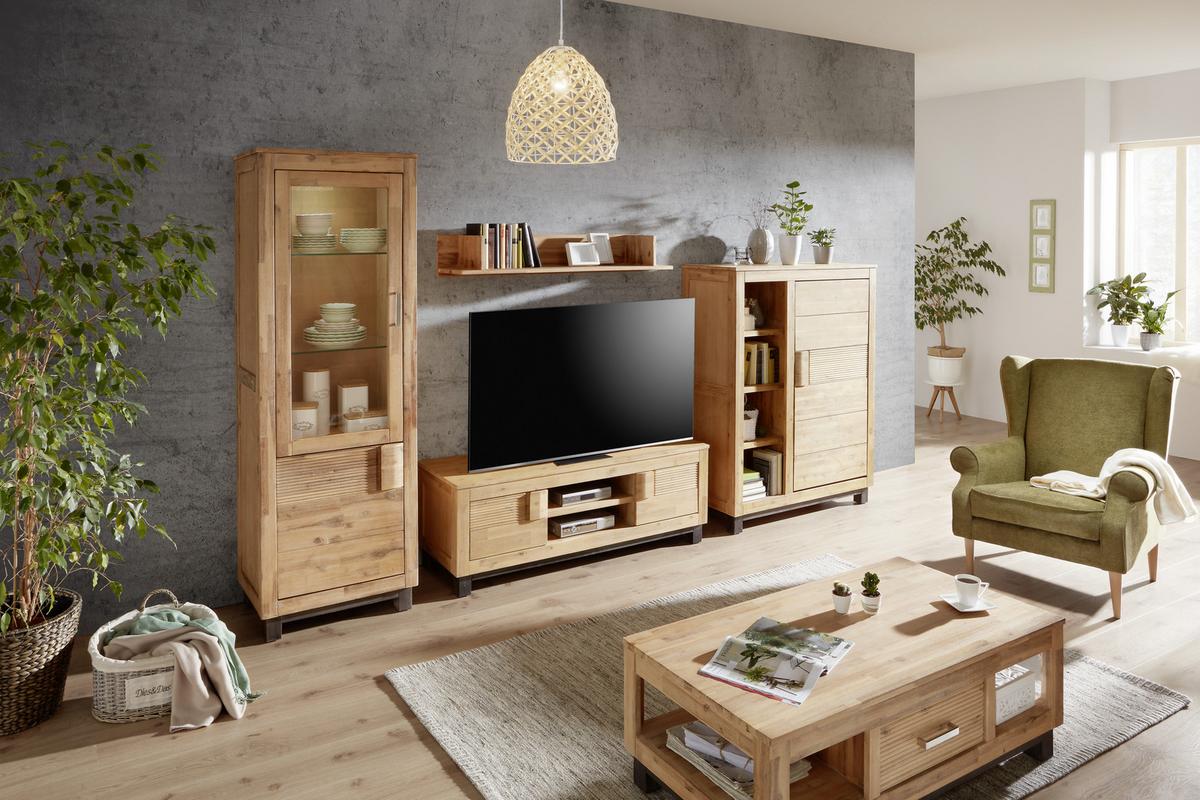 Vitrine aus Akazie teilmassiv - Silberfarben/Akaziefarben, Konventionell, Glas/Holz (65/190/45cm) - Zandiara