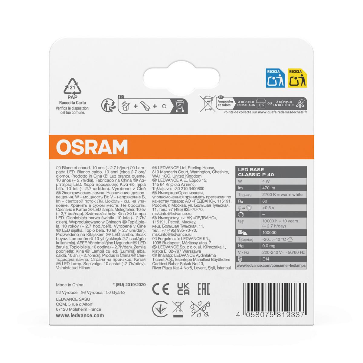 ŻARÓWKA LED FILAMENT BASECLP40 4W-827 FIL - przejrzysty, Basics, szkło (4,5/8,4cm) - Osram