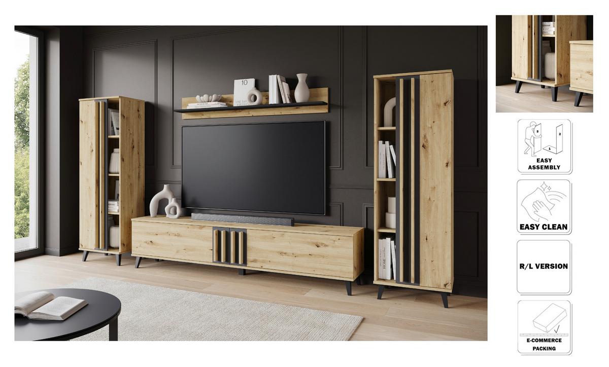 Dnevni Regal Helsinki 1, Barva Hrasta, 4-Delno - črna/hrast artisan, Trend, umetna masa/leseni material (270/140/33cm)