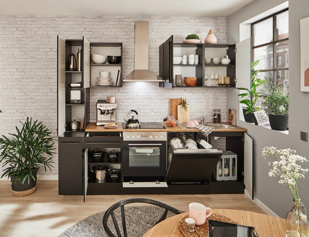 Küchenblock Jazz mit Geräten ca.250cm Schwarz - Eichefarben/Schwarz, LIFESTYLE, Holzwerkstoff/Kunststoff (250cm) - P & B